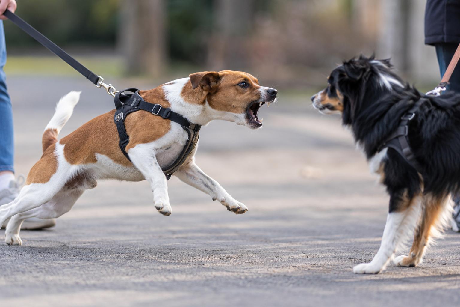 Een hond aan de lijn valt grommend uit naar een andere hond