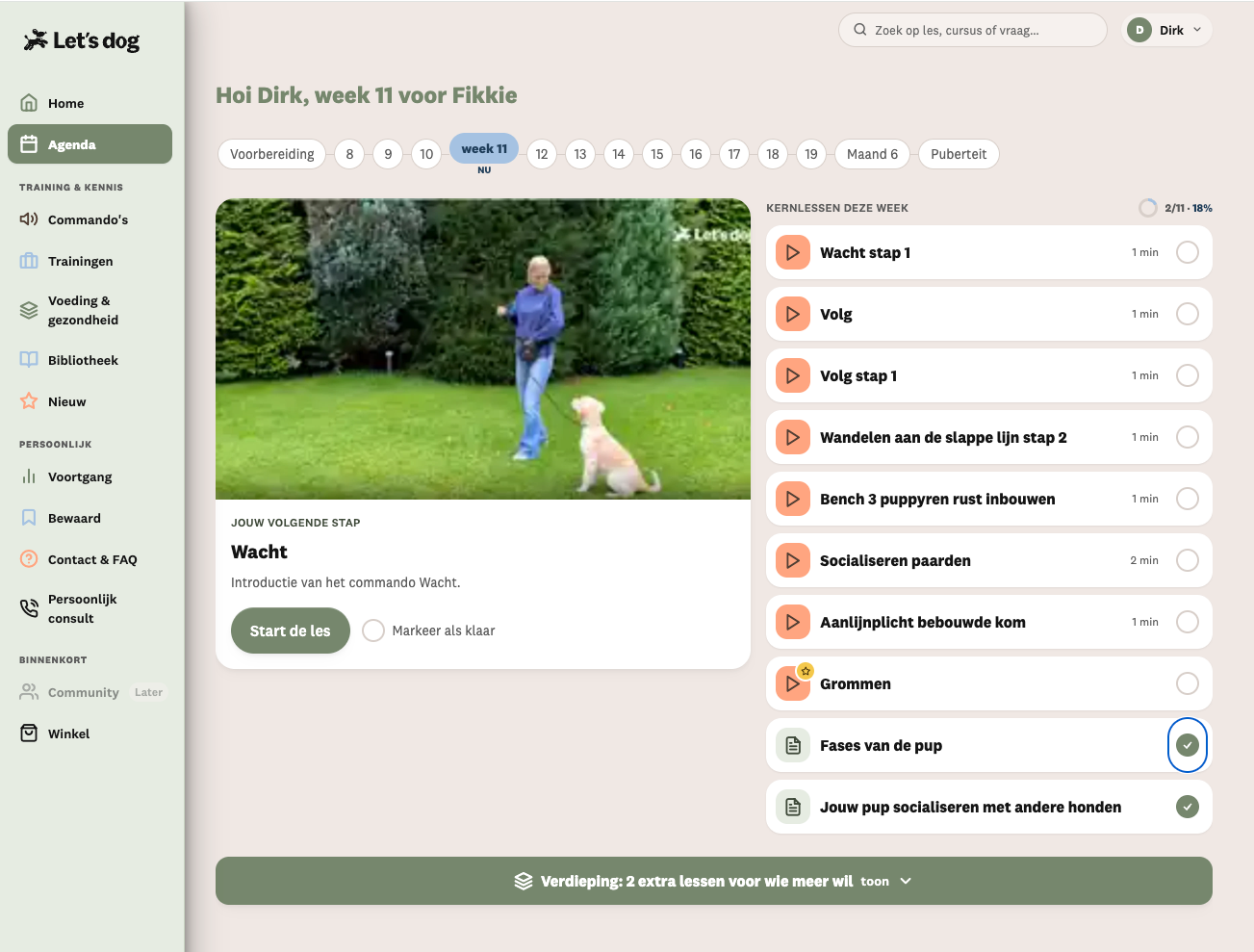De agenda in de app in week 11: de volgende les en de kernlessen van deze week