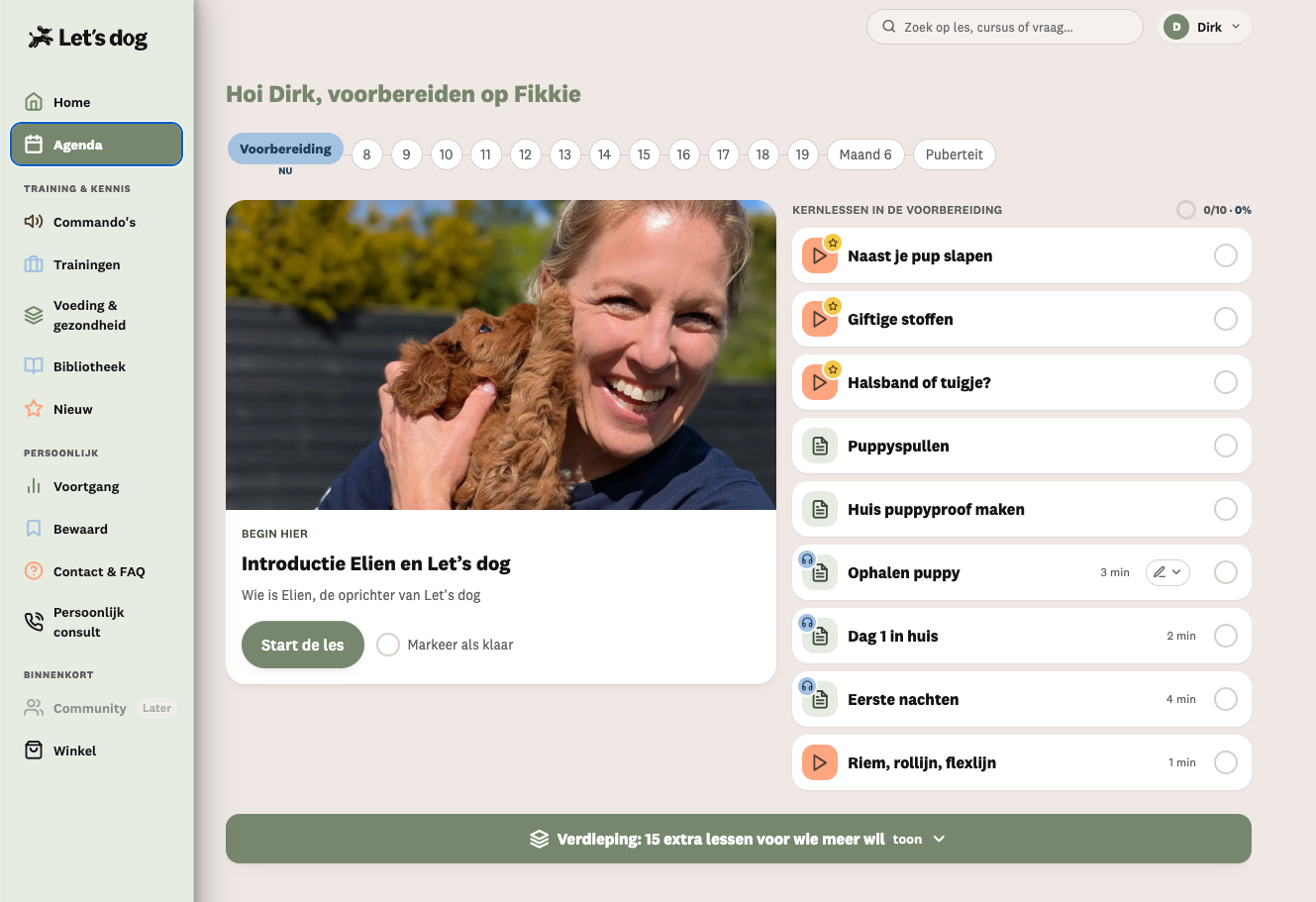 De agenda in de app tijdens de voorbereiding: een introductie van Elien en de kernlessen voordat je pup thuis is