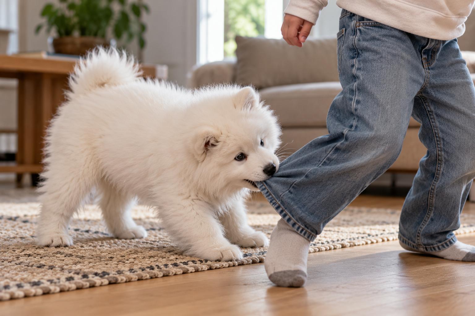 Een witte pup bijt in de broekspijp van een kind
