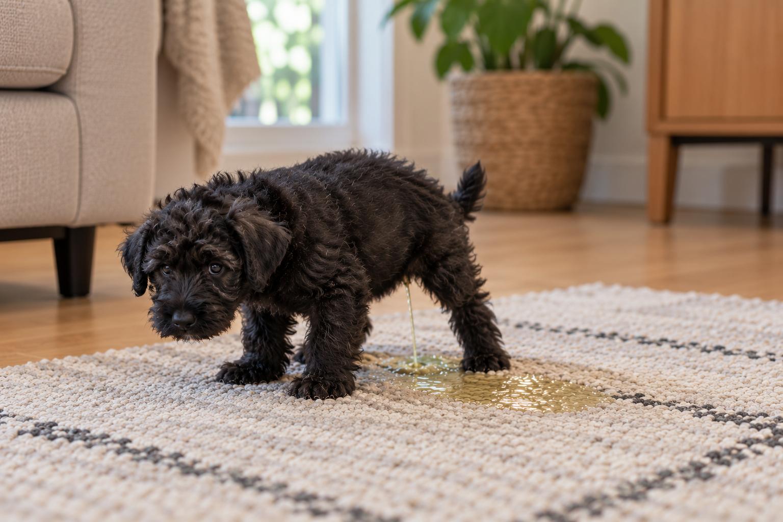 Een zwarte pup plast op het vloerkleed in de woonkamer