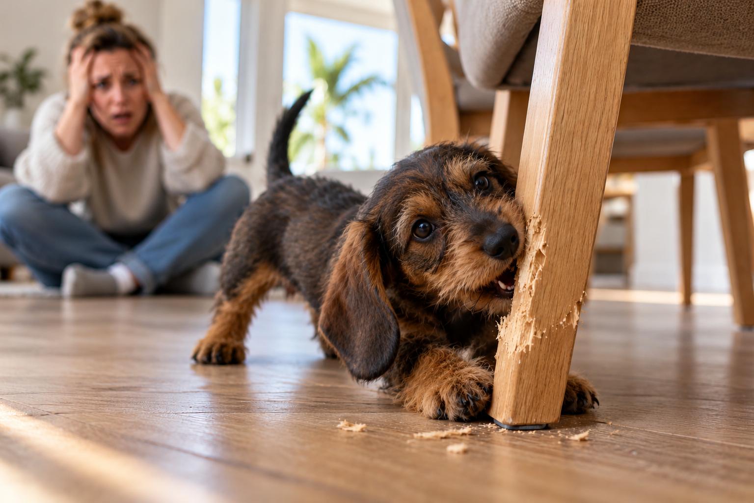 Een pup knaagt aan een stoelpoot terwijl de eigenaar wanhopig toekijkt